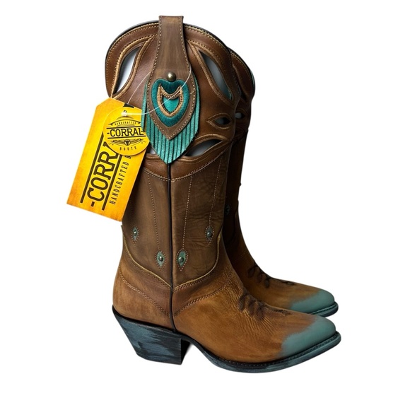 Corral Brown NIB W7 Turquoise and Brown Leather Studded Cut Out Western Boots - Picture 1 of 15